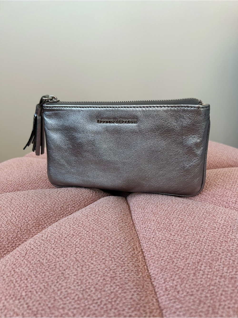 Dooney & Bourke Metallic Pewter Leather Carrington Zip Pouch EUC